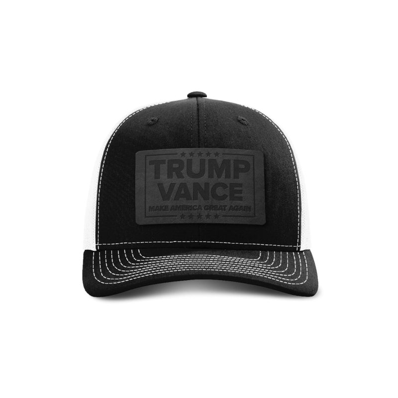 Adjustable Snapback Trucker Cap / Black/ White Trump Vance MAGA Blackout Leather Patch Trucker Hat maga trump