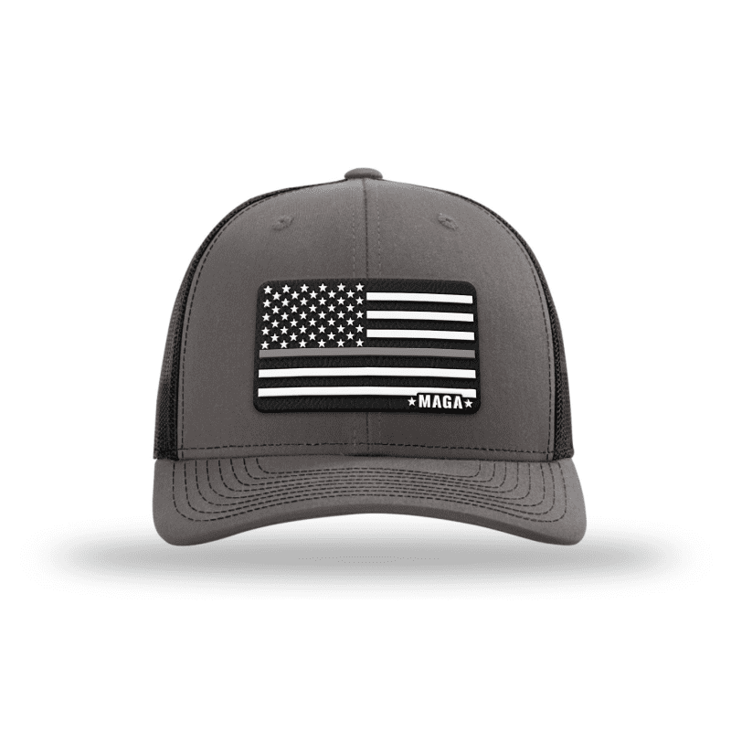 Adjustable Snapback Trucker Cap / Charcoal/ Black Maga Thin Grey Line Flag Hat maga trump