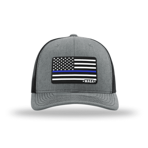 Adjustable Snapback Trucker Cap / Heather Grey/ Black Maga Thin Blue Line Flag Hat maga trump