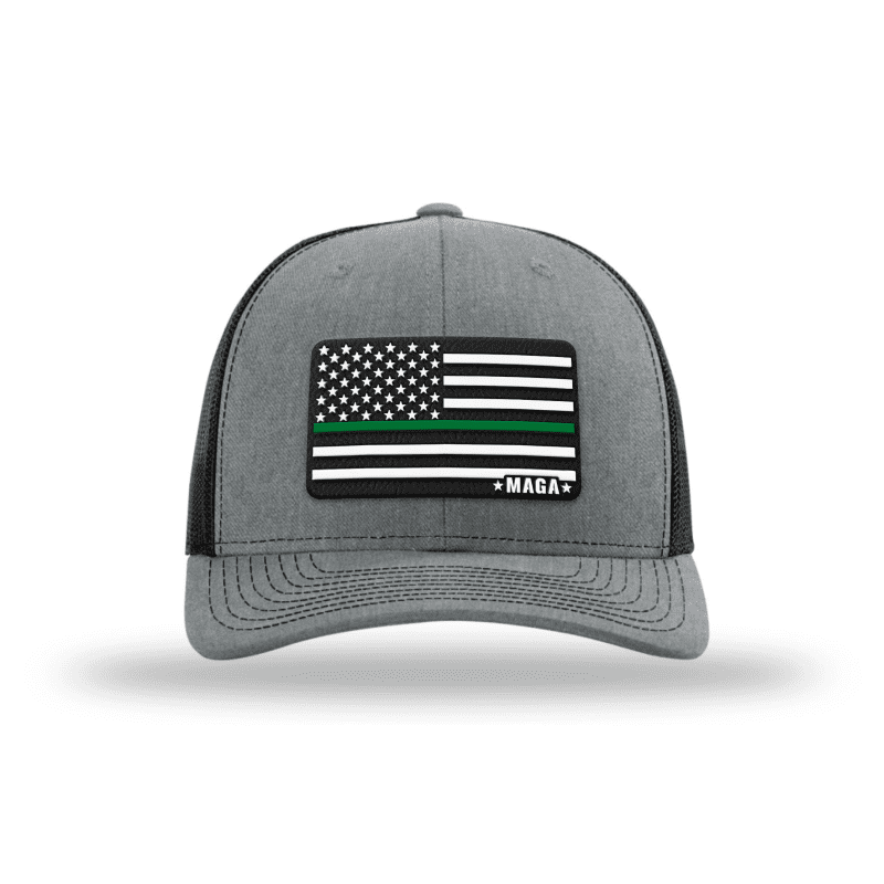 Adjustable Snapback Trucker Cap / Heather Grey/ Black Maga Thin Green Line Flag Hat maga trump