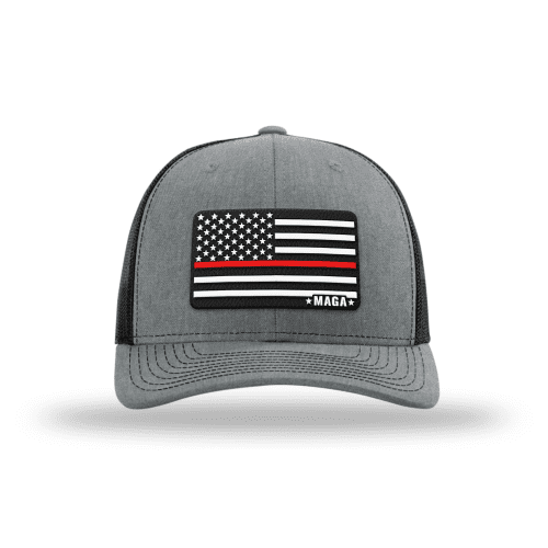 Adjustable Snapback Trucker Cap / Heather Grey/ Black Maga Thin Red Line Flag Hat maga trump