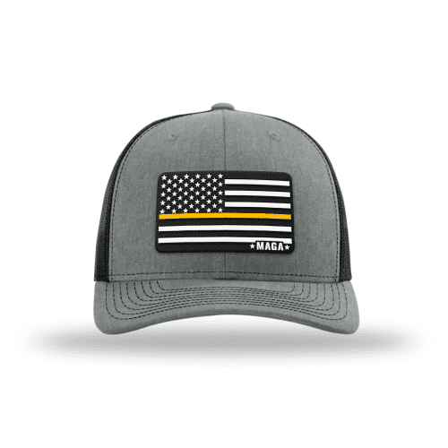 Adjustable Snapback Trucker Cap / Heather Grey/ Black Maga Thin Yellow Line Flag Hat maga trump