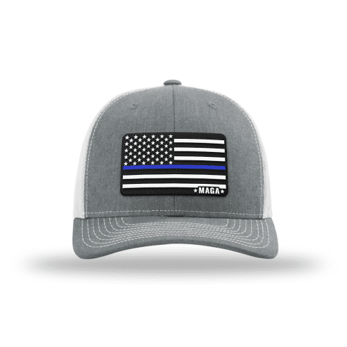 Adjustable Snapback Trucker Cap / Heather Grey/ White Maga Thin Blue Line Flag Hat maga trump