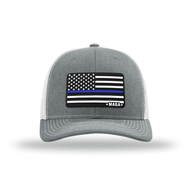 Adjustable Snapback Trucker Cap / Heather Grey/ White Maga Thin Blue Line Flag Hat maga trump