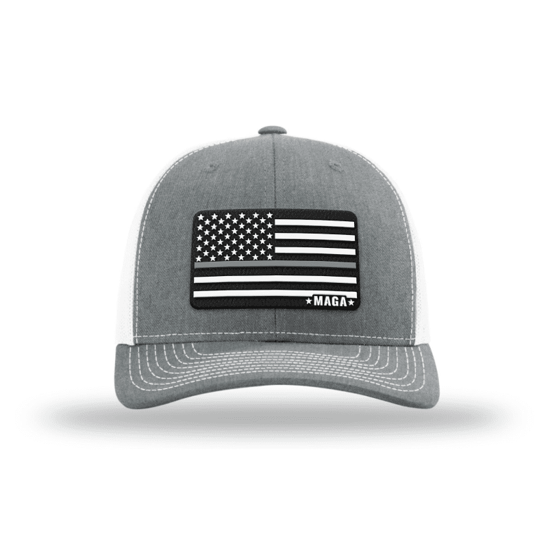 Adjustable Snapback Trucker Cap / Heather Grey/ White Maga Thin Grey Line Flag Hat maga trump