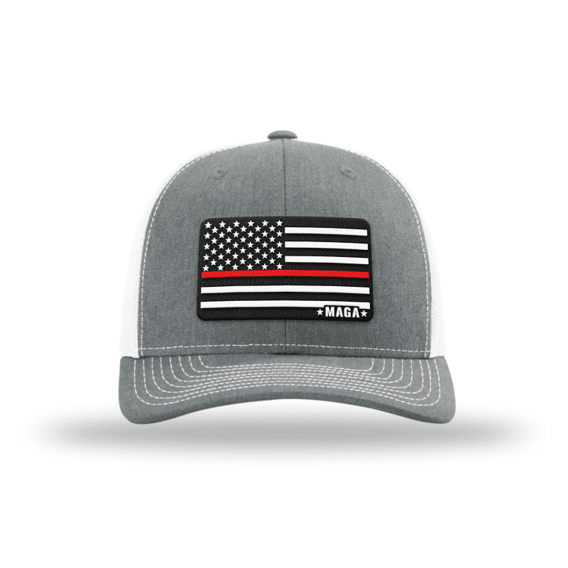 Adjustable Snapback Trucker Cap / Heather Grey/ White Maga Thin Red Line Flag Hat maga trump