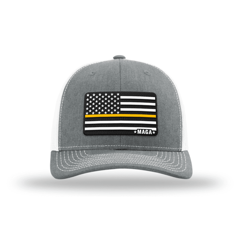 Adjustable Snapback Trucker Cap / Heather Grey/ White Maga Thin Yellow Line Flag Hat maga trump