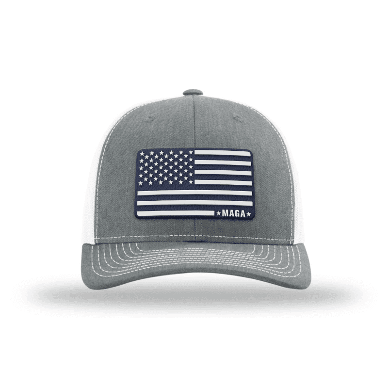 Adjustable Snapback Trucker Cap / Heather Grey/White - Navy MAGA American Flag Trucker maga trump