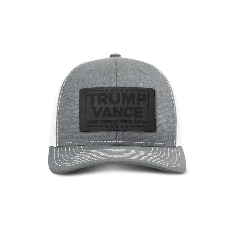 Adjustable Snapback Trucker Cap / Heather Grey/ White Trump Vance MAGA Blackout Leather Patch Trucker Hat maga trump