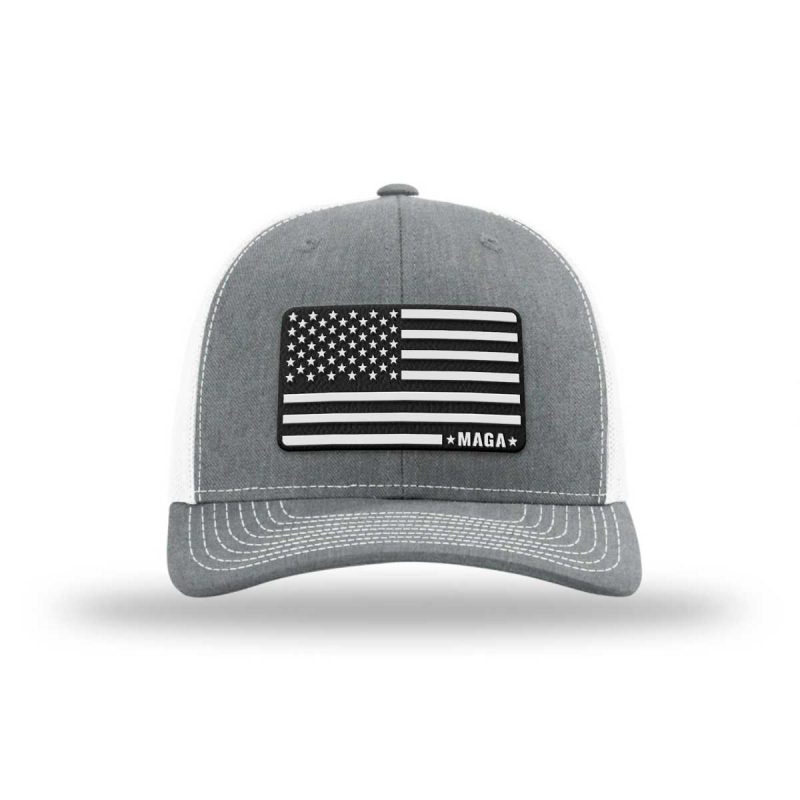 Adjustable Snapback Trucker Cap / Heather Grey/ White - White MAGA American Flag Trucker maga trump