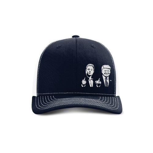 Adjustable Snapback Trucker Cap / Navy/ White Trump And Elon Flipping The Bird Trucker Hat maga trump