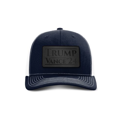 Adjustable Snapback Trucker Cap / Navy/ White Trump Vance '24 Blackout Leather Patch Trucker Hat maga trump