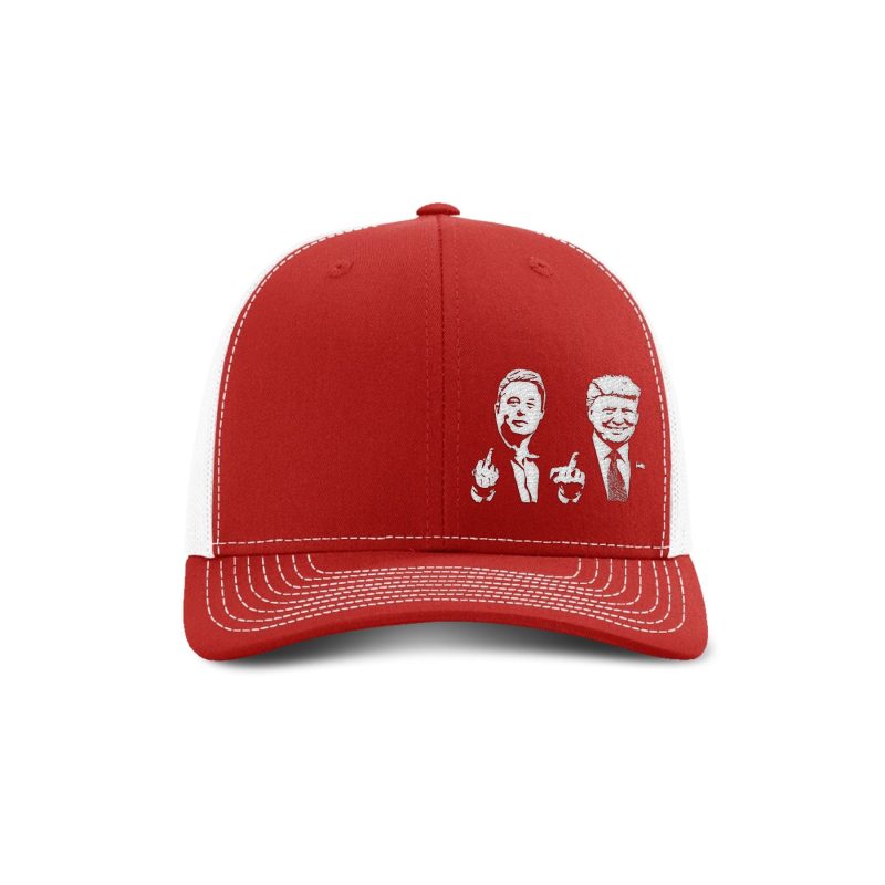 Adjustable Snapback Trucker Cap / Red/ White Trump And Elon Flipping The Bird Trucker Hat maga trump