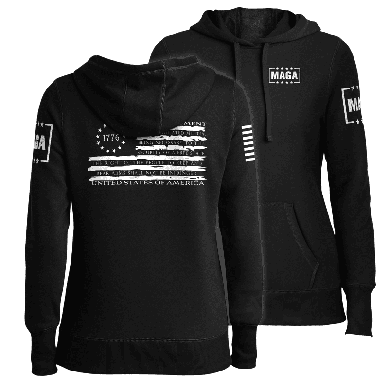 Black / XS 1776 Betsy Tattered Stripes Flag Ladies Hoodie maga trump