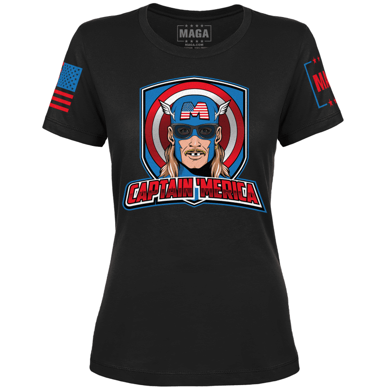 Black / XS Captain Merica Ladies Tee maga trump