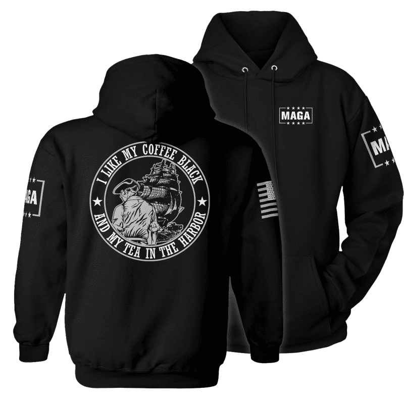 Hoodie / Black / XS I Like My Coffee Black and Tea in the Harbor with Ship maga trump