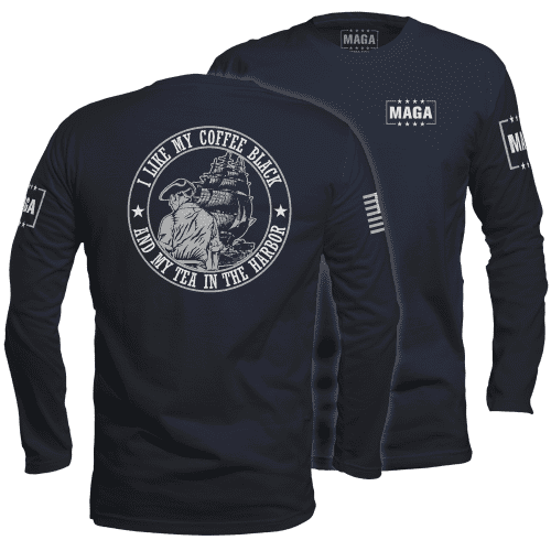 Men's Long Sleeve / Midnight Navy / S I Like My Coffee Black and Tea in the Harbor with Ship maga trump