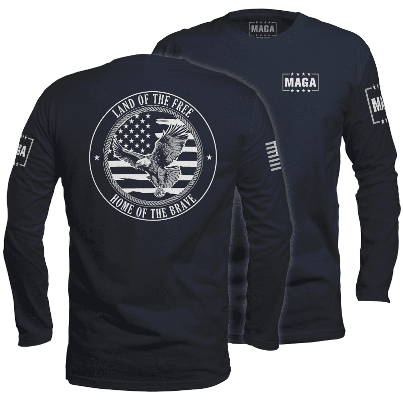 Mens Long Sleeve / Midnight Navy / S Land of the Free Home of the Brave Eagle maga trump