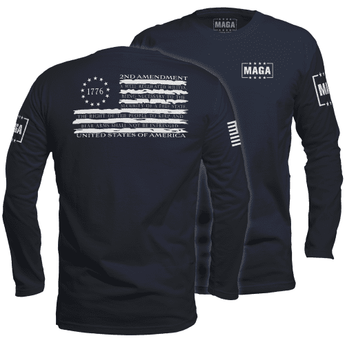 Mens Long Sleeve / Navy / S 1776 Betsy Tattered 2A Flag maga trump