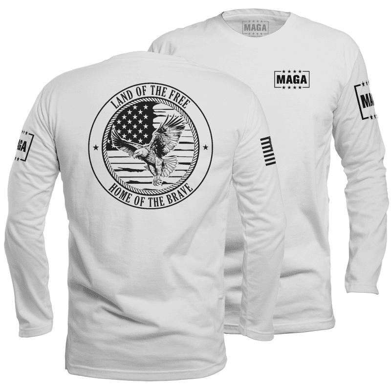 Mens Long Sleeve / White / S Land of the Free Home of the Brave Eagle maga trump