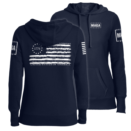 Navy / XS 1776 Betsy Tattered Stripes Flag Ladies Hoodie maga trump