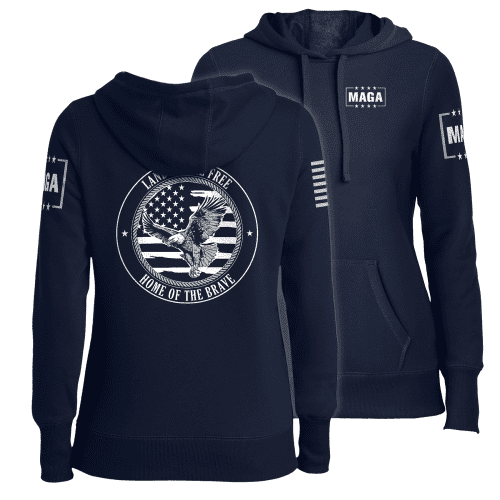 Navy / XS Land of the Free Home of the Brave Eagle Ladies Hoodie maga trump