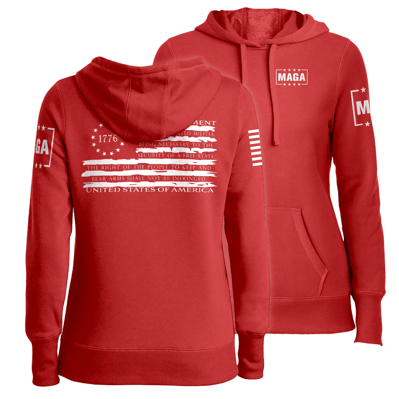 Red / XS 1776 Betsy Tattered Stripes Flag Ladies Hoodie maga trump