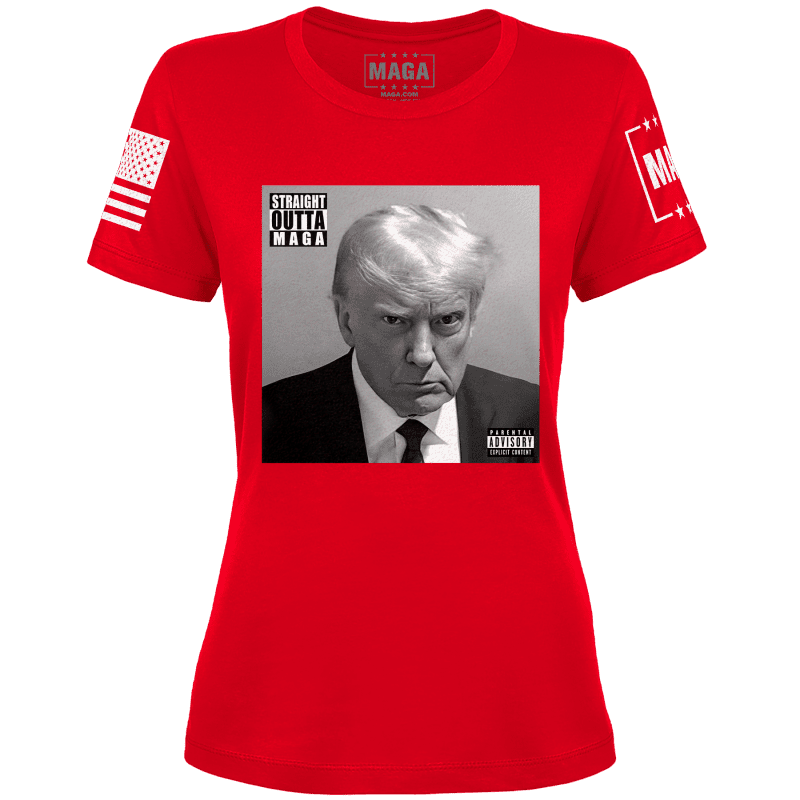 Red / XS TRUMP MUG SHOT - STRAIGHT OUTTA MAGA Ladies Tee maga trump