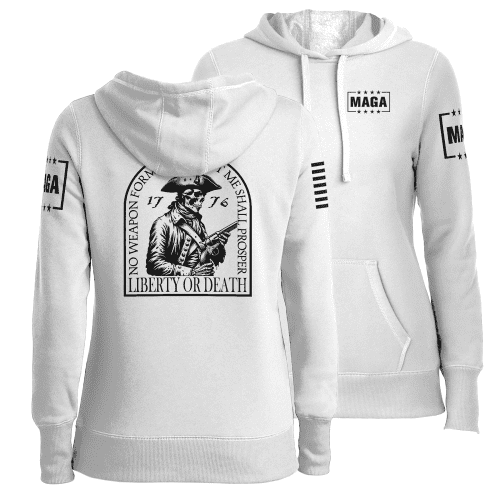 White / XS Liberty or Death Skull Patriot Ladies Hoodie maga trump