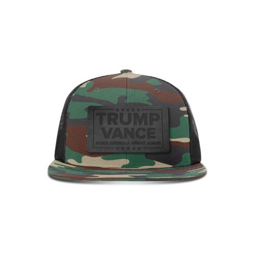 Wool blend flatbill trucker / Camo/ Black Trump Vance MAGA Blackout Leather Patch Flat Bill Hat maga trump