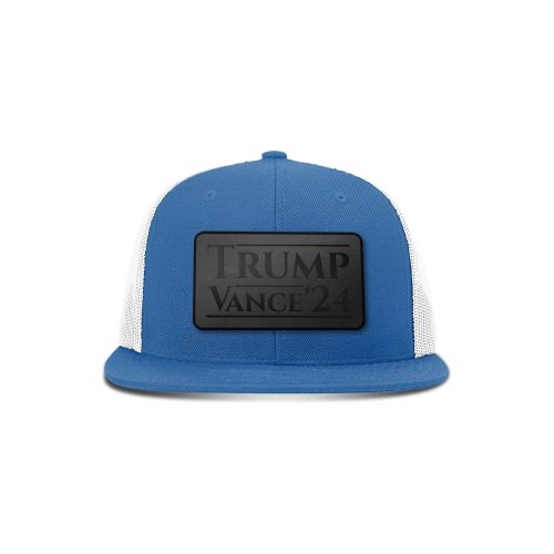 Wool blend flatbill trucker / Royal/White Trump Vance '24 Blackout Leather Patch Flat Bill Hat maga trump